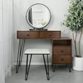 thumbnail image 2 of Brown Vanity Table for Teen Girls, 31.5'' x 15.75'' x 51.18'' Makeup Vanity Set with PU Cushioned Stool, 4-Drawer, Rotation Removable Top with Large Led Round Mirror for Teen Girls Bedroom, SS414, 2 of 8