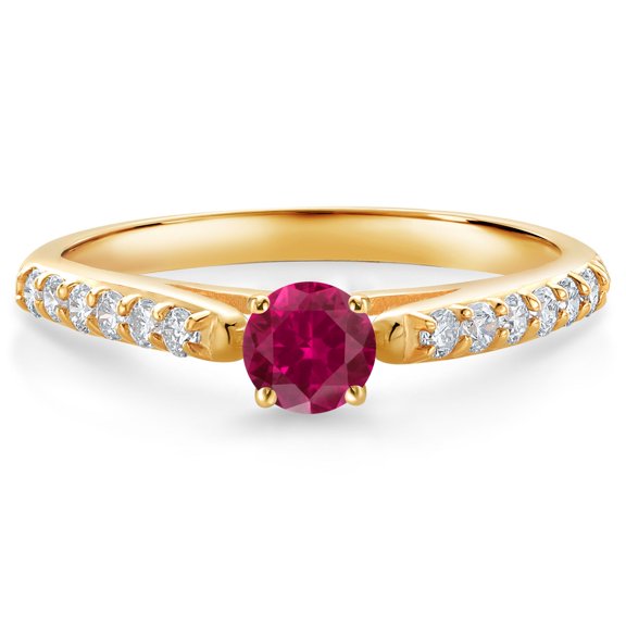 Gem Stone King 10K Yellow Gold Red Created Ruby and White Lab Grown Diamond Engagement Ring for Women (0.43 Cttw, Gemstone July Birthstone, Round 4MM, Size 5)