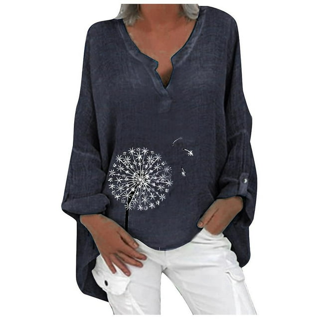 Blusa tipo camisa HUOGUO, talla grande, estampado floral, cuello en V, para mujer