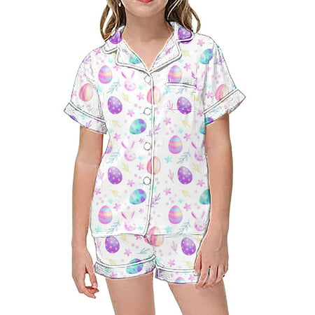 Rhuody Girls Outfits 12-13 Years 2 Piece Sets Pajamas For Kids Children Graphic Print Short Sleeve Button Shirt Shorts Pajama Set Classic Teen Clothing For Girl White