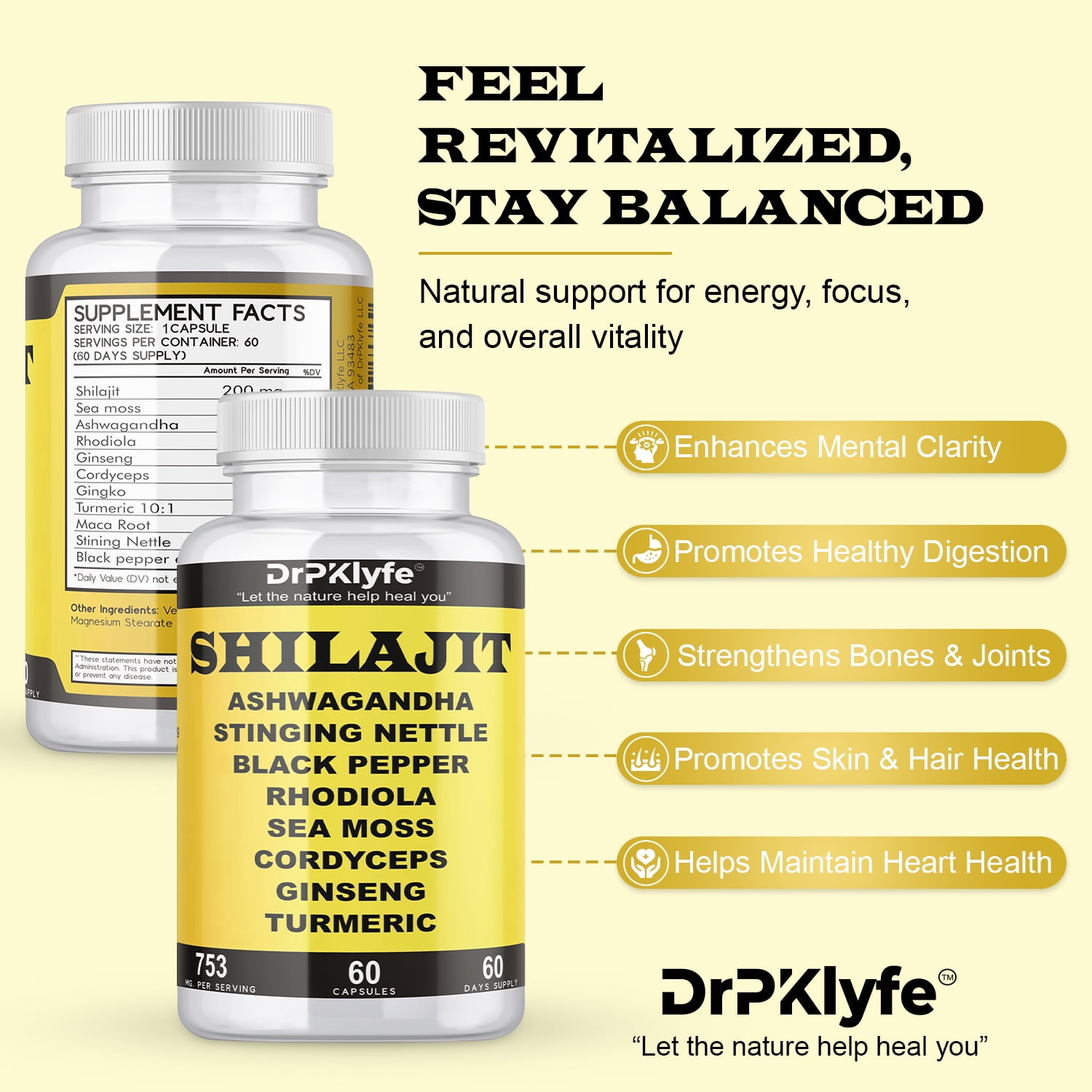 DrPKlyfe's Shilajit Complex with Rhodiola-Sea Moss-Cordyceps-Ginseng-Turmeric- 60 Capsules