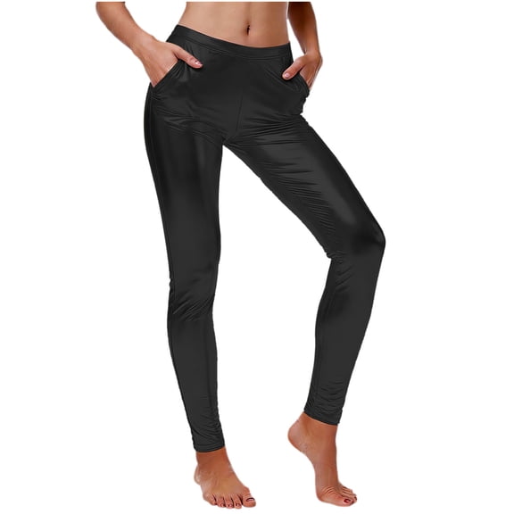 JGGSPWM Shiny Metallic Leggings High Waist Stretch Leggings Womens Stretchy Tights Workout Club Party Pants with Pockets Black L