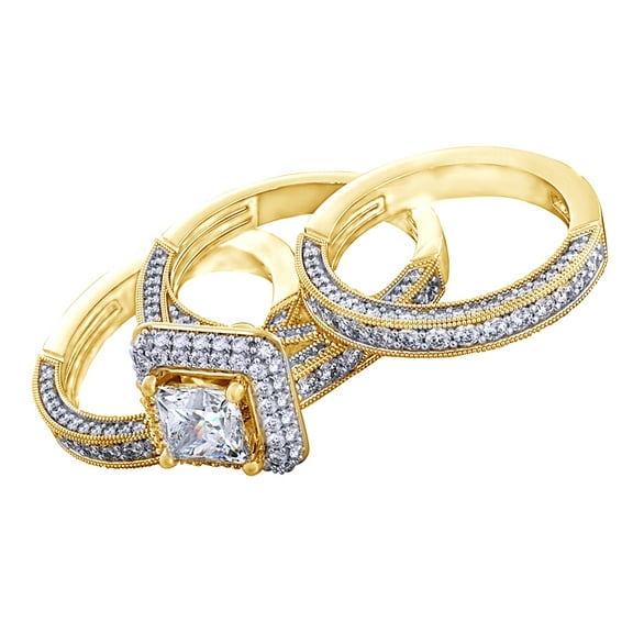 AFFY Princess & Round Cut White CZ Engagement & Wedding Trio Band Ring Set In 14k Solid Yellow Gold (3.53 Cttw)