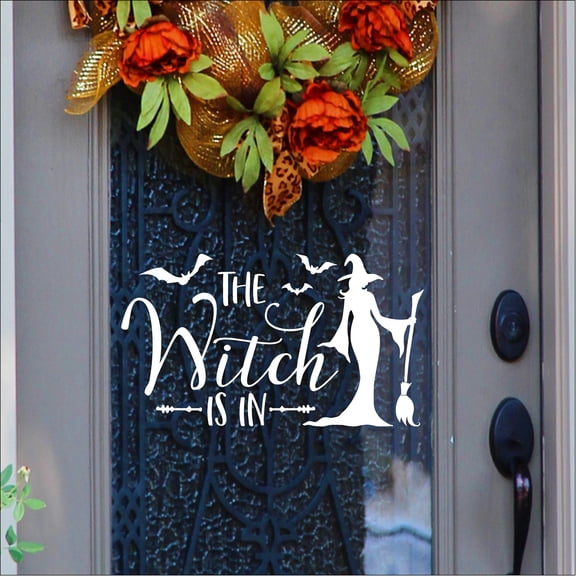 The Witch Is In (cursive) with Bats and Witch with Broom Halloween Decor Vinyl lettering Decal Wall Decals - Size: 12.5"H x 22"L - Color: White
