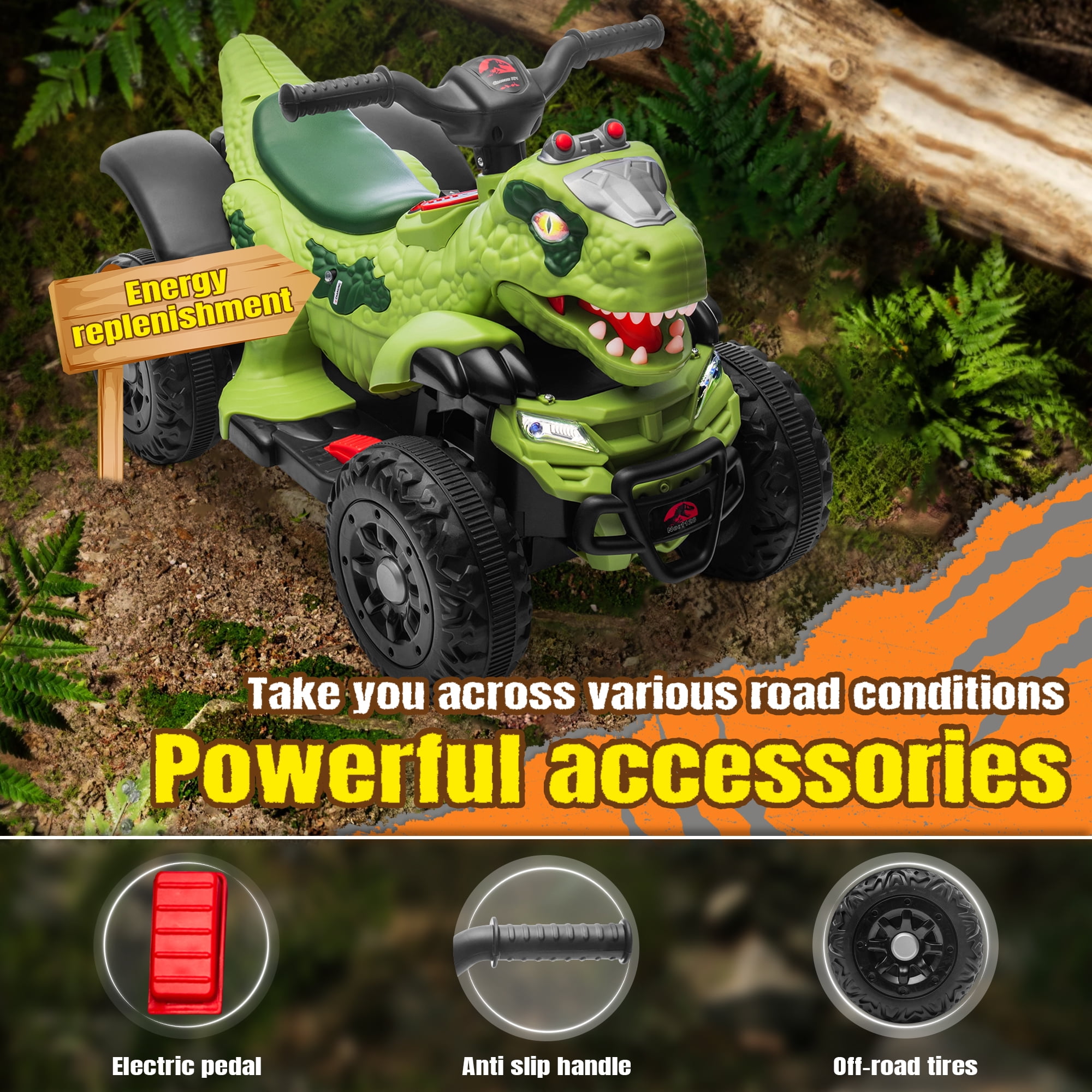 SUSIELADY 12V Kids Dinosaur Ride on ATV, Quad 4 Wheeler Dinosaur Design, Electric Ride on Toy, Music Early Education Function, Power Display, Safe Driving, Outdoor Toy for Boys Girls Aged 2-6, Green