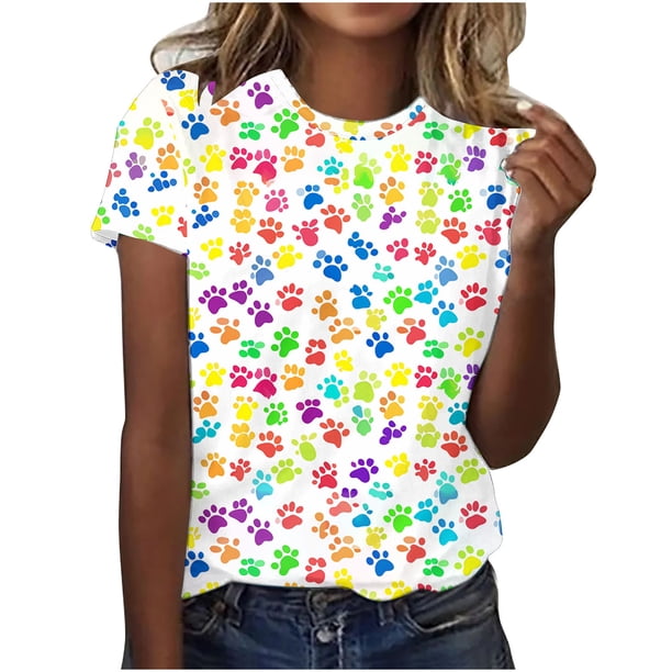 Tops de Ajuste Suelto para las Mujeres Impreso Manga Corta Suéter Camiseta Cuello Redondo Blusa Casual, Top de Moda para el Uso Diario Y las Salidas