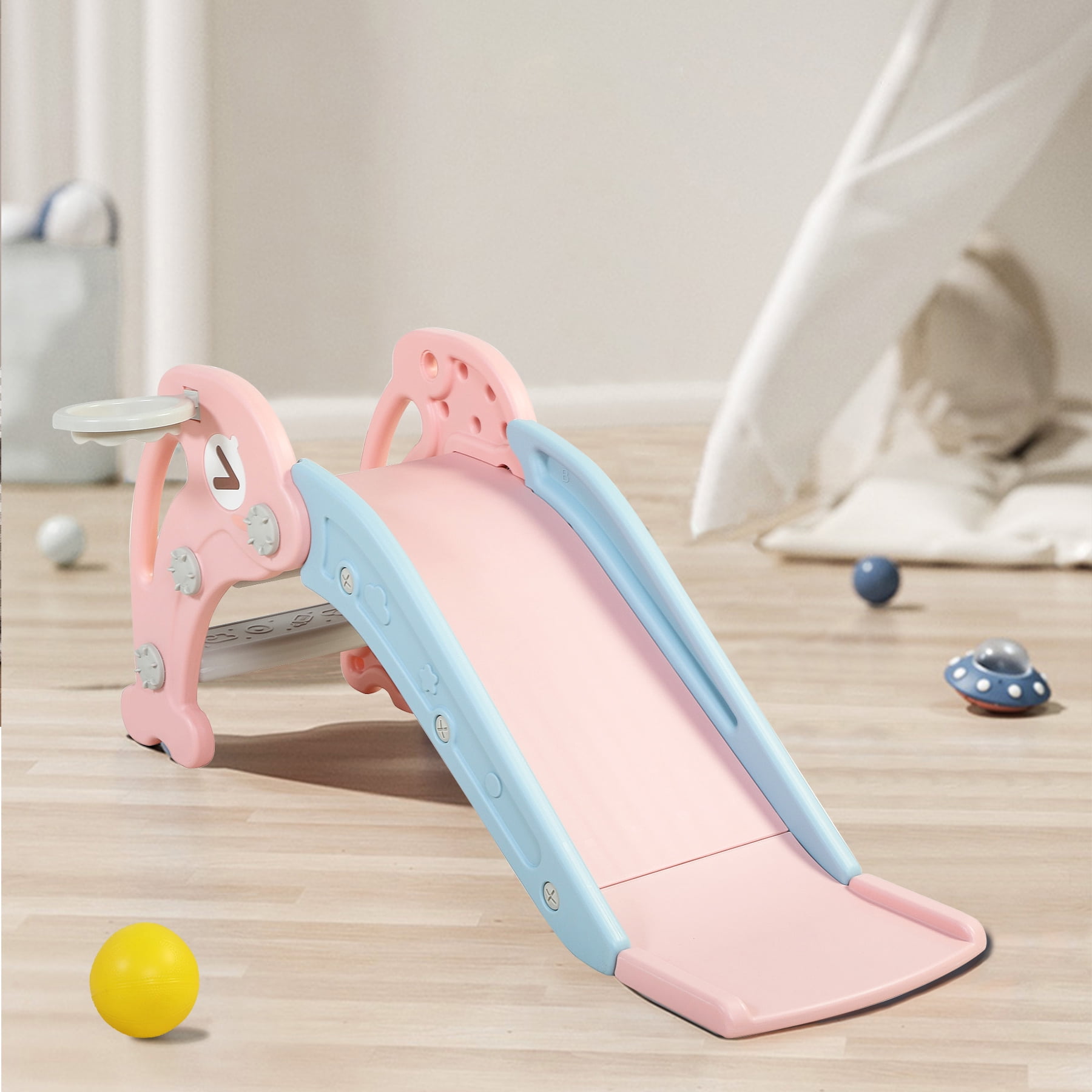 3 in 1 Slide for Kids, Toddler Play Climber Slide Toy with Basketball Hoop & Ball, Pink 3 in 1 Slide for Kids, Toddler Play Climber Slide Toy with Basketball Hoop & Ball, Pink