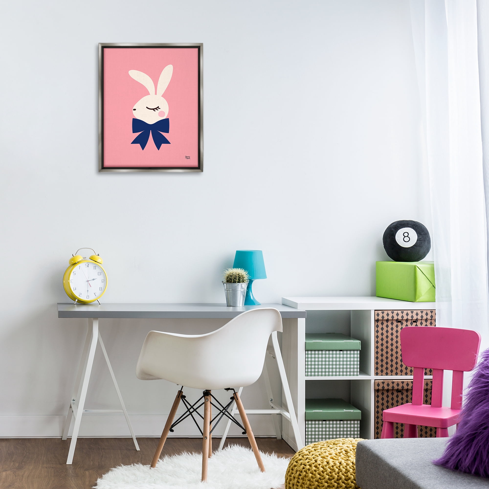Stupell Industries Rabbit with Ribbon on Pink Animals Painting Gray Floater Framed Canvas Art Print Wall Art, 17 x 21