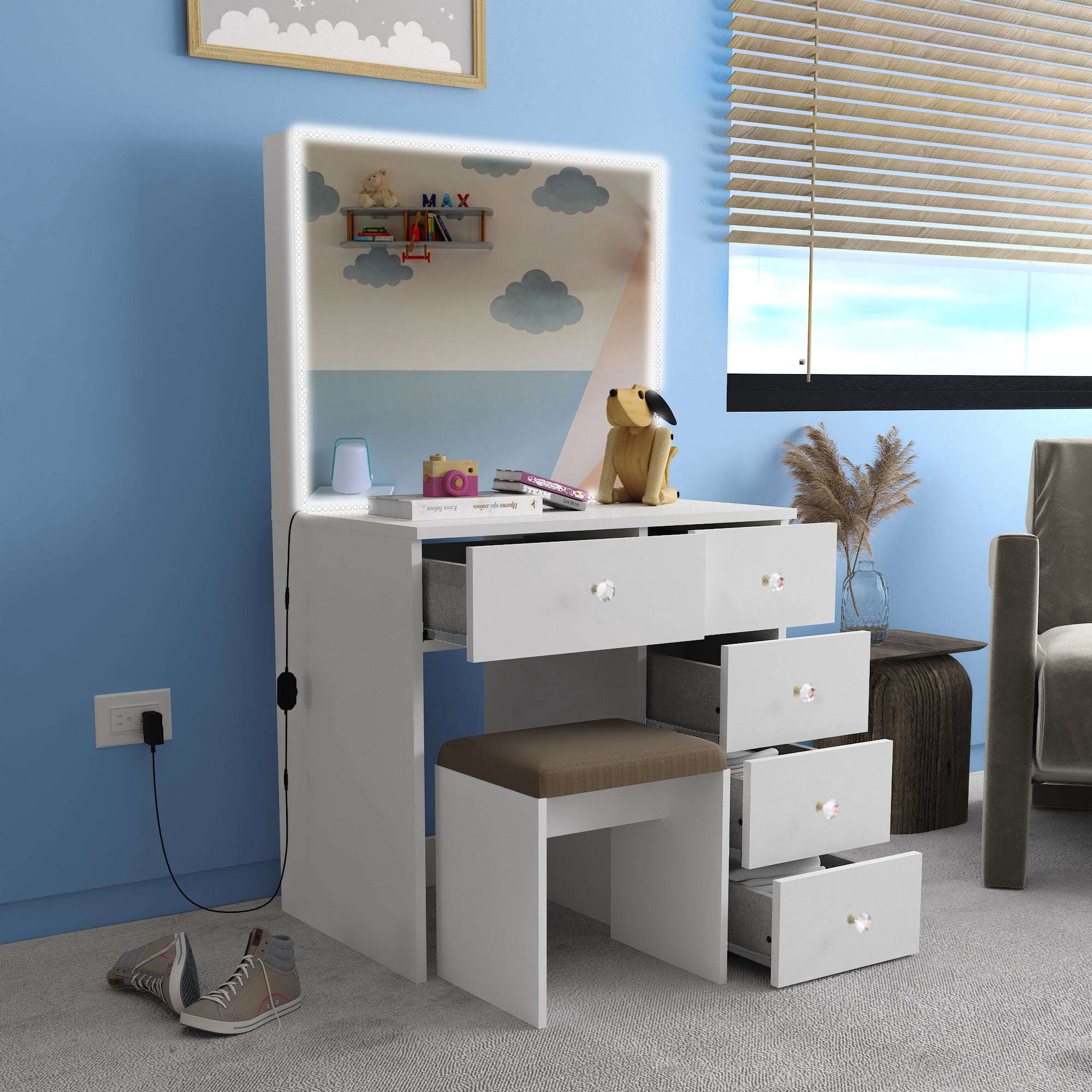 Ember Interiors Small Vanity Makeup Desk with LED Lights, Chair, Crystal Knobs, White
