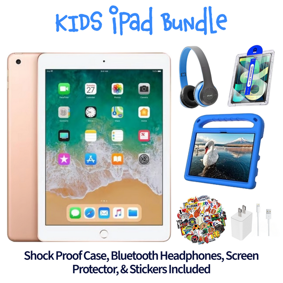 Restored Apple iPad 6 Kid's Bundle - 9.7" 128GB Gold (Wi-Fi) - Shock Proof Case, Bluetooth Headphones, Screen Protector, Kid's Stickers, and Charger Included (Refurbished)