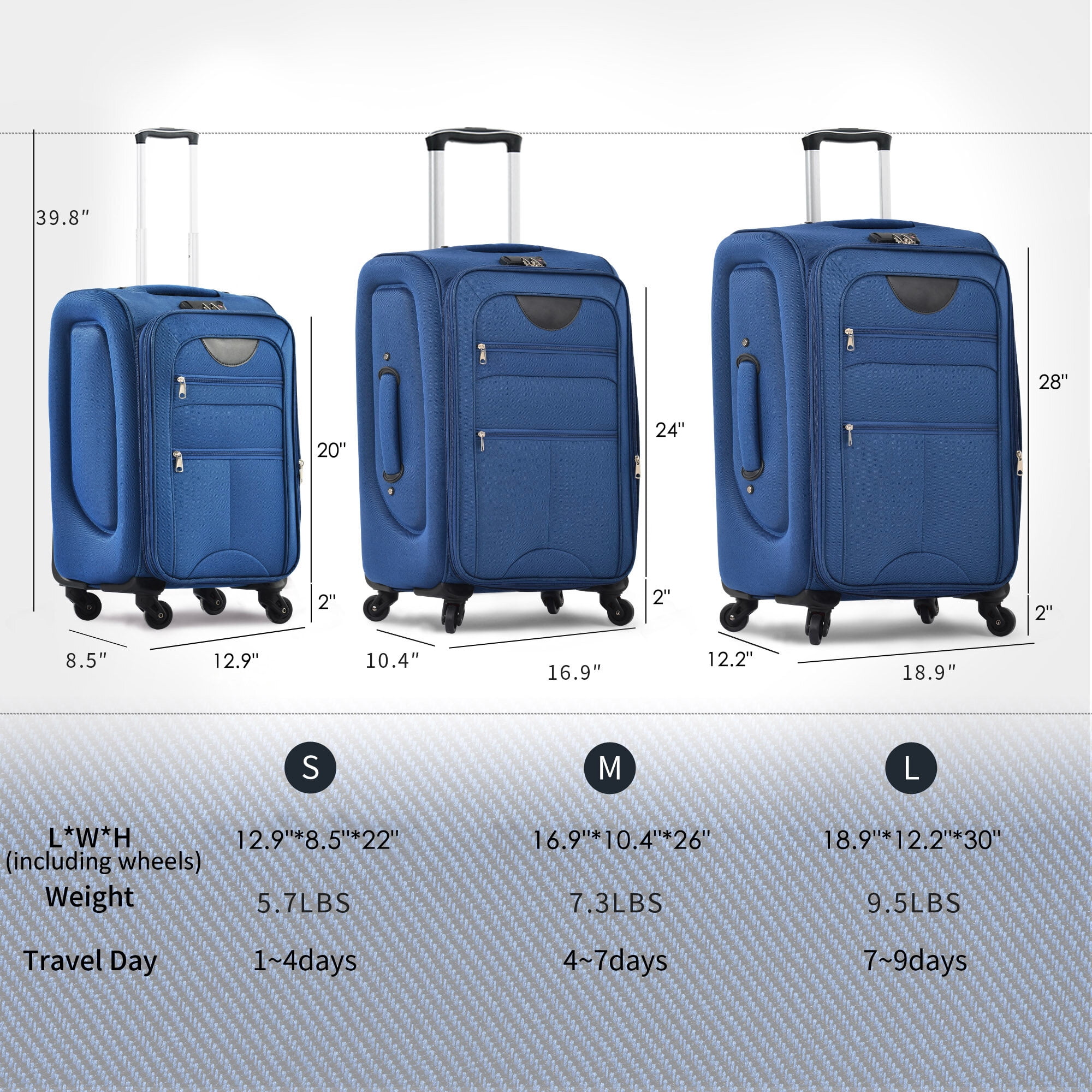 Softside Suitcase, Softside Luggage Expandable 3 Piece Set Suitcase Upright Spinner Softshell Lightweight Luggage Travel Set-22/26/30 inches, Blue Softside Luggage,Polyester Softside Checked Luggage
