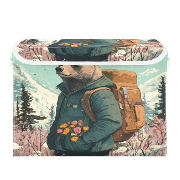 Storage Box With Lid 16.5x12.6x11.8In Foldable Stacked Household Storage Box Brown Backpack Bear