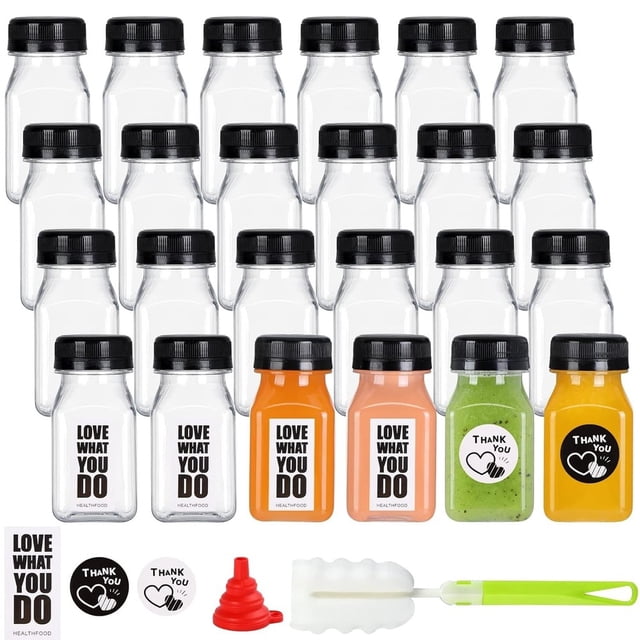24 Pack 4oz Empty PET Plastic Juice Bottles with Leak-Proof Caps Lids, Reusab...