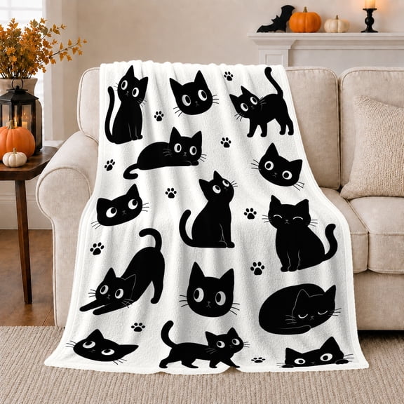 Playful Black Cats Pumpkins autumn celebration, Playful Pet Portrait Pattern, Warm Flannel Blanket for Living Room and Reading Nook, Cat Lovers autumn celebration Gift, Pet Lover Home Decor