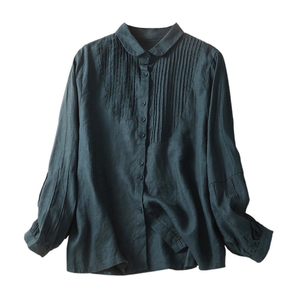 Blusa de manga larga con botones para mujer: camisa informal con cuello vuelto para llevar a diario en primavera/verano
