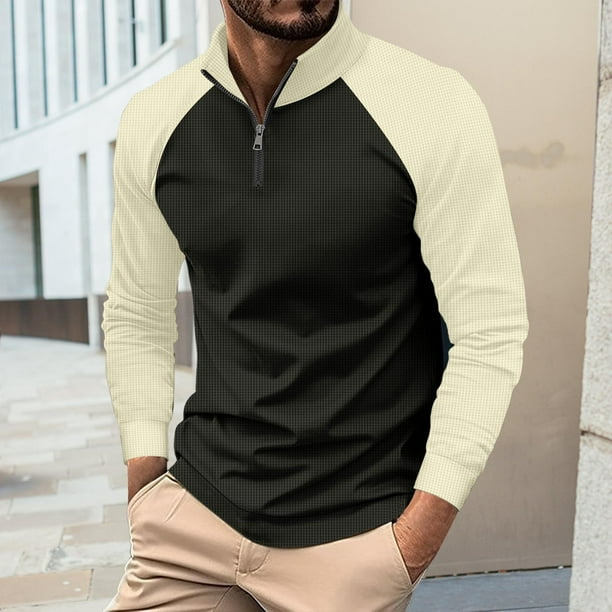 pstuiky mangas largas para hombre, Blusa/camisa de cuello alto con cremallera y manga larga de color liso para hombre Tops casuales para hombres l