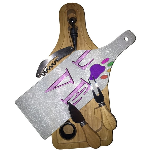 KuzmarK Wine & Cheese Glass Cutting Board Wood Box Gift Set - Puppy Dog Kitty Cat Love
