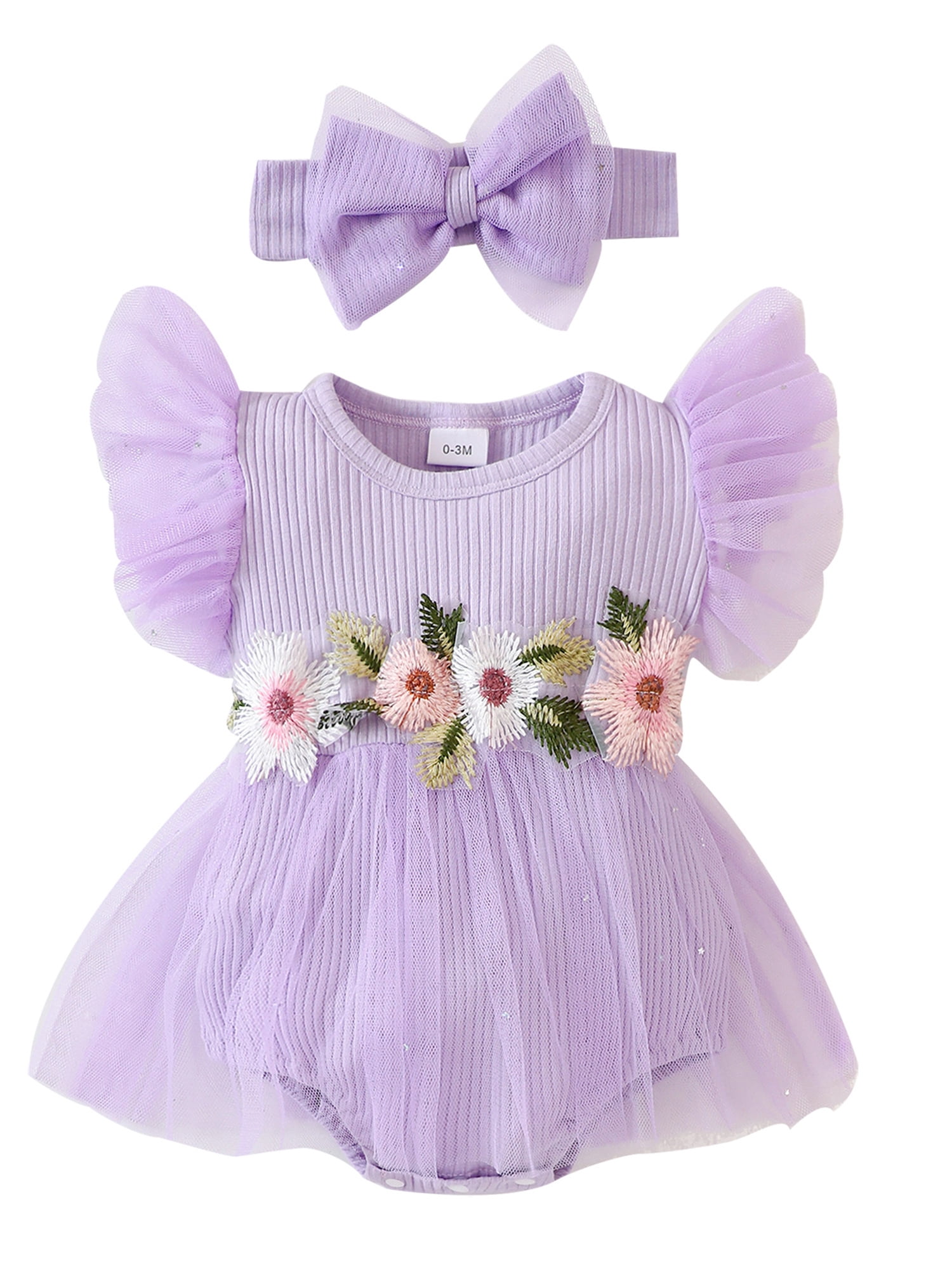 AMILIEe Infant Baby Girls Fly Sleeve Jumpsuit Rompers Flower Embroidery ...
