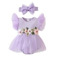 thumbnail image 2 of Musuos Infant Girl Romper Dress 3 6 9 12 18Months Flower Leaves Embroidery Rib Knit Fly Sleeve Tulle Skirt Hem Jumpsuits with Headband, 2 of 10