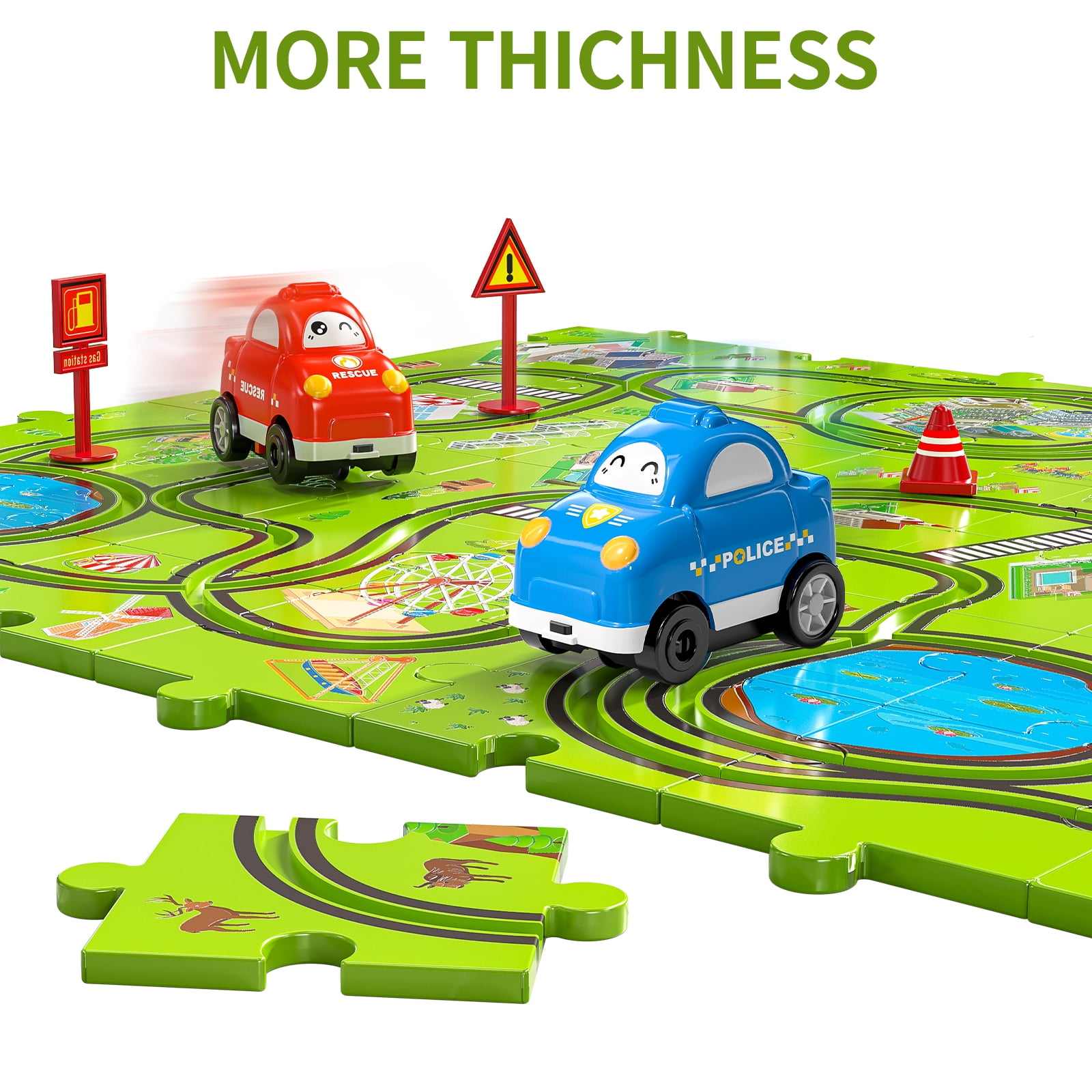 ConeWhale Puzzle Race Track Car Set City-Themed 64 Pieces with 3 Sliding Toy Cars for Ages 3+