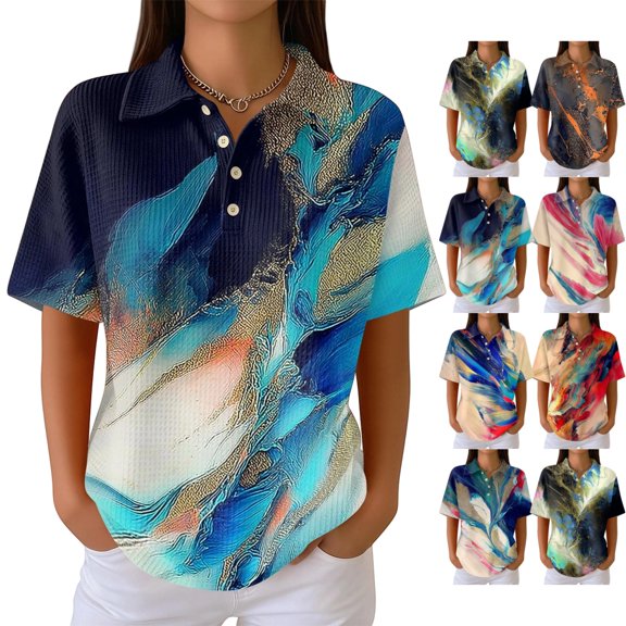 Womens Polo Shirts Summer Waffle Vintage Texture Abstract Oil Painting Print Womens Golf Shirts Short Sleeve Button Down Collar Dressy Casual Tee Tops Dark Blue L