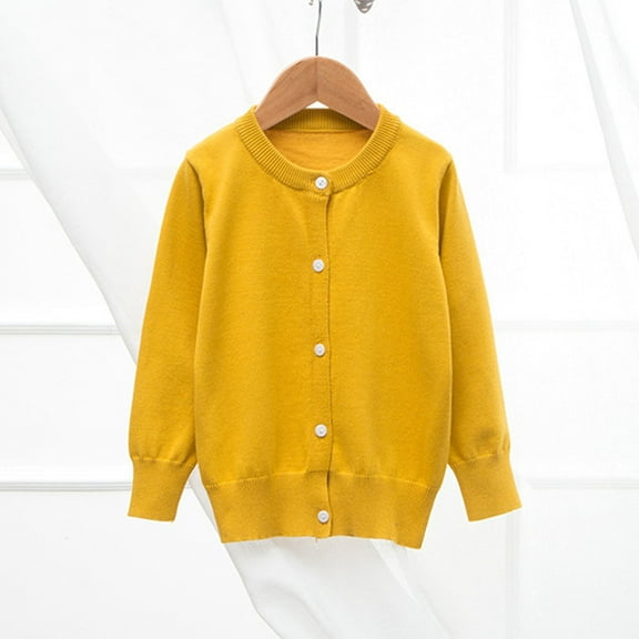 SEAOPEN Girls Crewneck Cardigan Long Sleeve Children Button Cotton Sweater Uniform Sweaters for Little Girls Yellow,7-8 Years