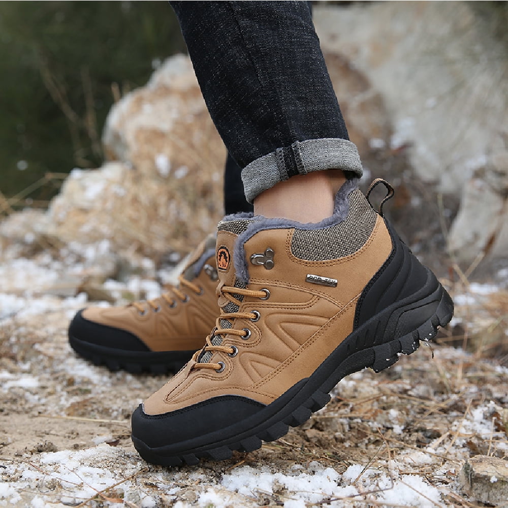 Mens Hiking Snow Boots Padded Warm Cotton Shoes Non-slip Lightweight Sneakers Waterproof Fur Lined Bare Boots Brown 10.5 UK