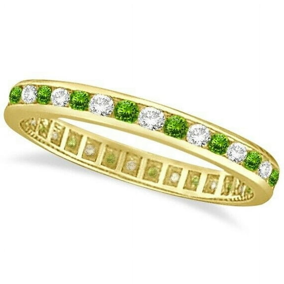 Green Peridot & CZ Diamond Channel-Set Eternity Mothers Ring 925 Sterling Silver Yellow Gold Plated Gemstone Jewelry For Women Gift