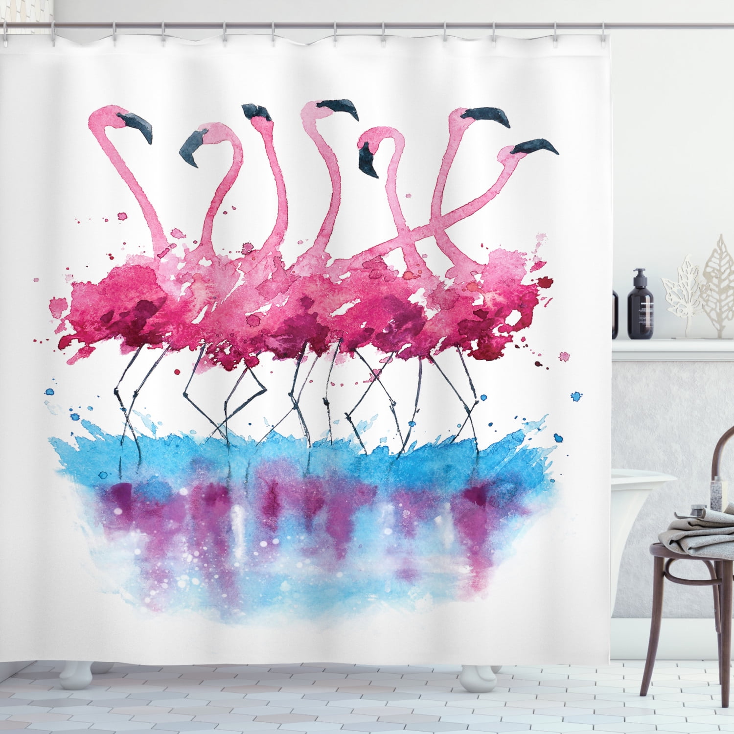 72" Waterproof Bathroom Set Shower Curtain  Watercolor Flamingo Heart Leaf Hooks 