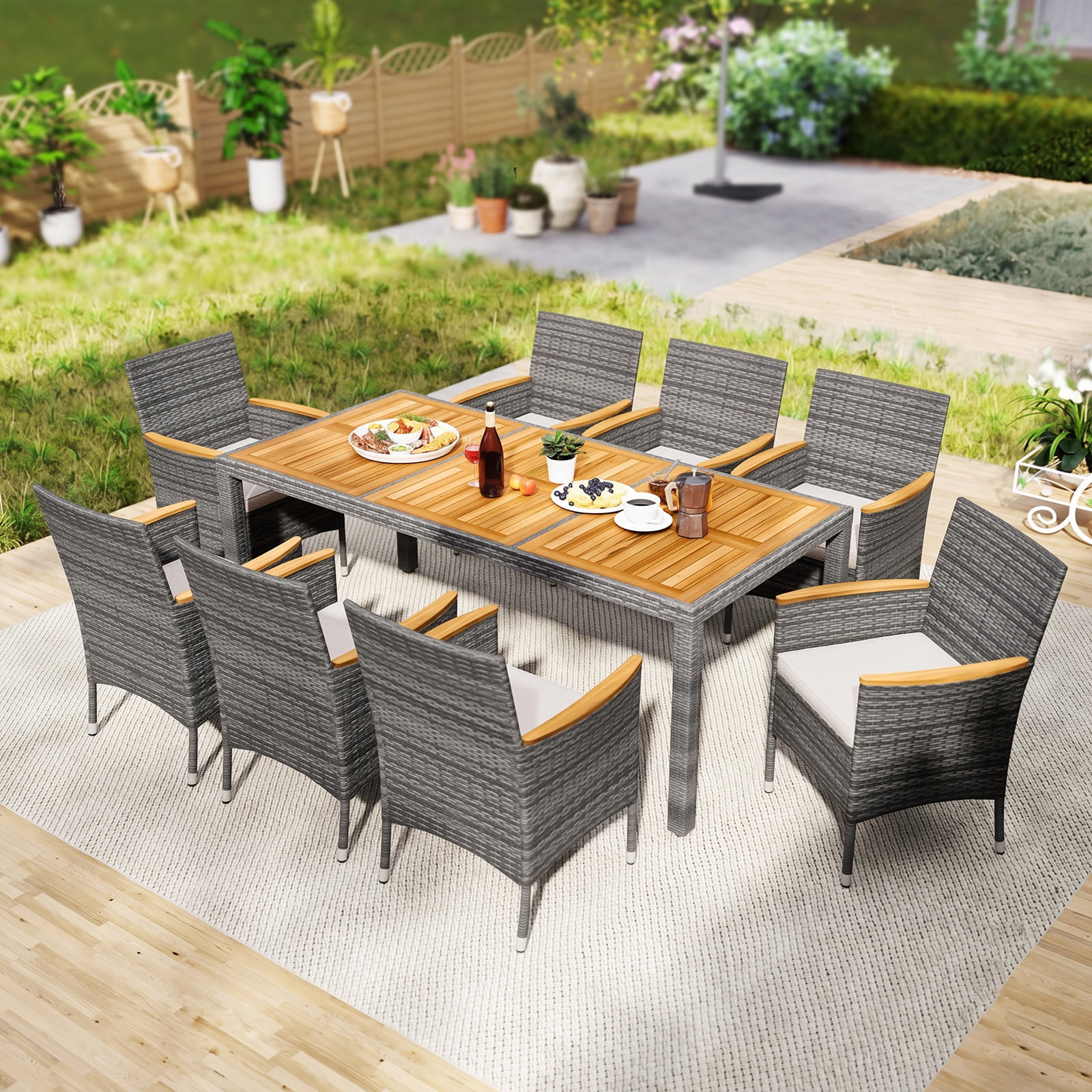 Patiojoy 9PCS Patio Rattan Furniture Dining Set Acacia Wood Table Cushioned Chair for Outdoor