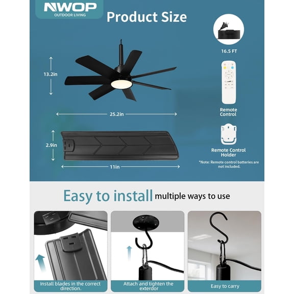 28 Inch Plug-In Outdoor Ceiling Fan with Lights and Remote, LED Gazebo Hanging Fan with Hook, 3CCT Dimmable, 6-Speed Quiet for  Porch Garage Black