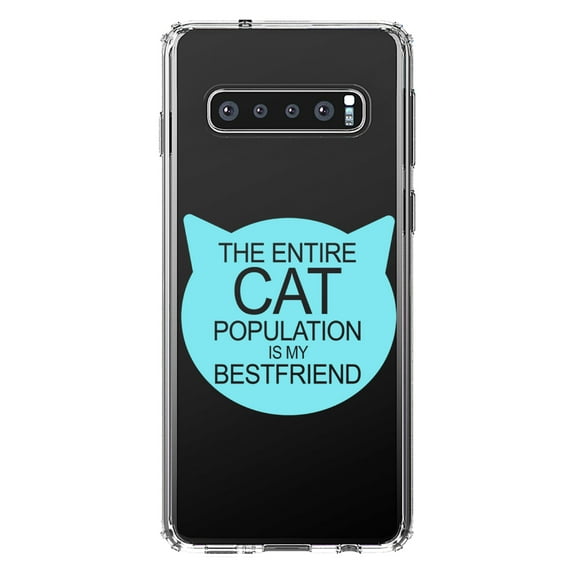 DistinctInk Clear Shockproof Hybrid Case for Samsung Galaxy S10 (6.1" Screen) - TPU Bumper Acrylic Back Tempered Glass Screen Protector - Cat Population is My Best Friend