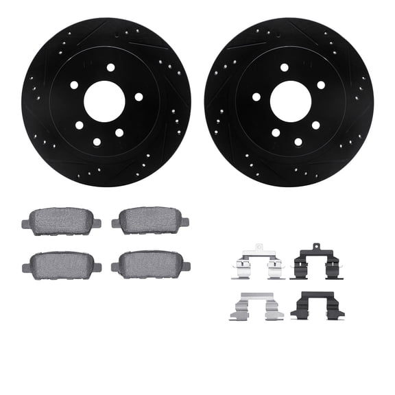 Dynamic Friction Company Rear Brake Rotors-Drilled and Slotted-Black with 5000 Advanced Brake Pads includes Hardware 8512-67099