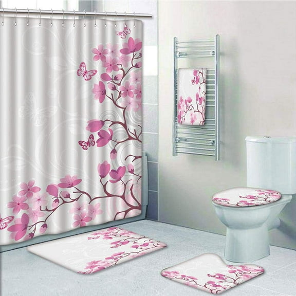 PRTAU Japanese Blossoms Butterflies Inspiration Growth Flourish Nature Japanese Cherry Tree 5 Piece Bathroom Set Shower Curtain Bath Towel Bath Rug Contour Mat and Toilet Lid Cover