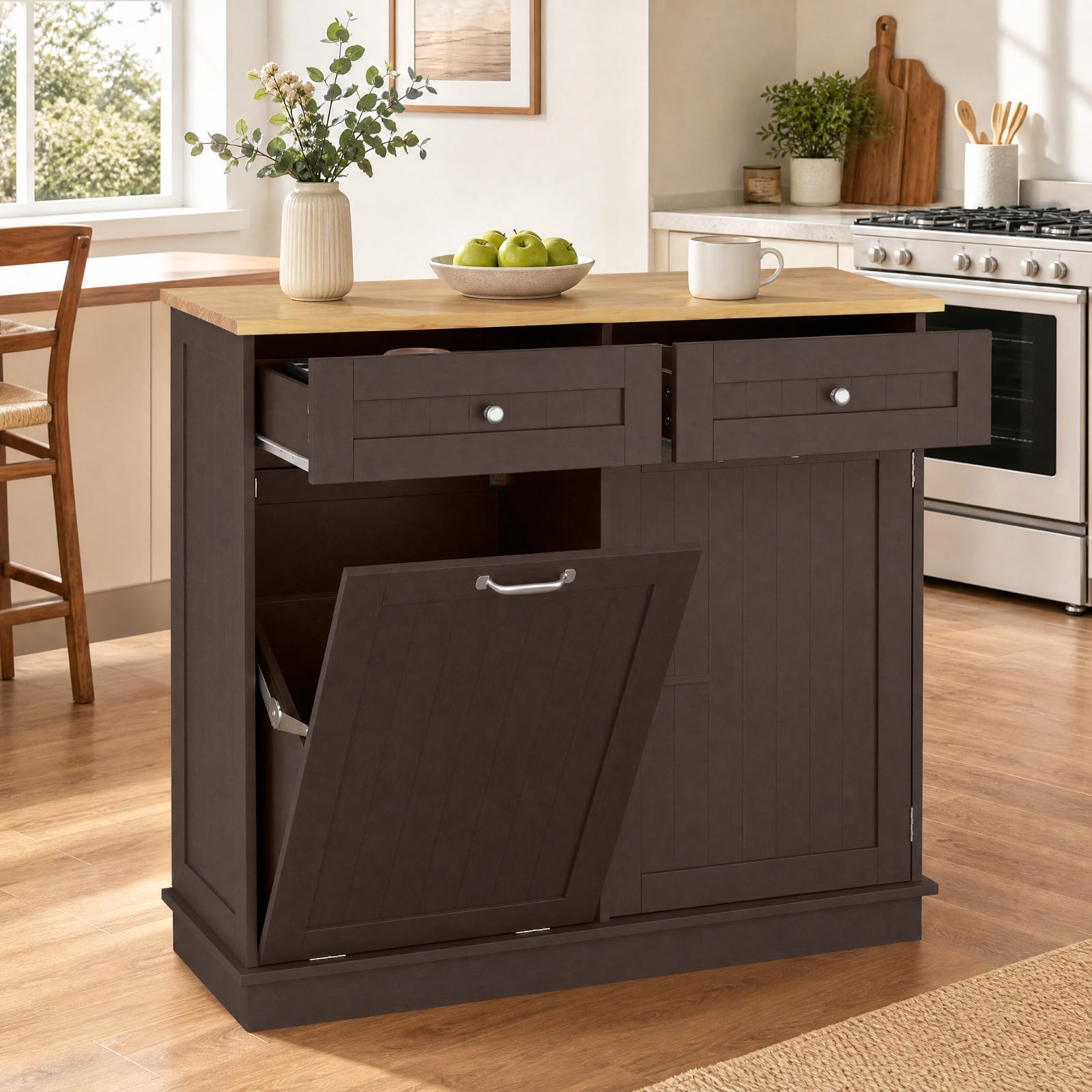 Furnibear Kitchen Tilt Out Trash Cabinet with 2 Drawers Wood Top and Adjustable Shelf Hidden Storage for Kitchen and Dining Room, Rustic Brown