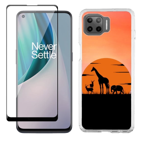Slim-Fit Protective Phone Case compatible with Motorola Moto One 5G UW, with Tempered Glass Screen Protector, by OneToughShield ® - Sunset Safari