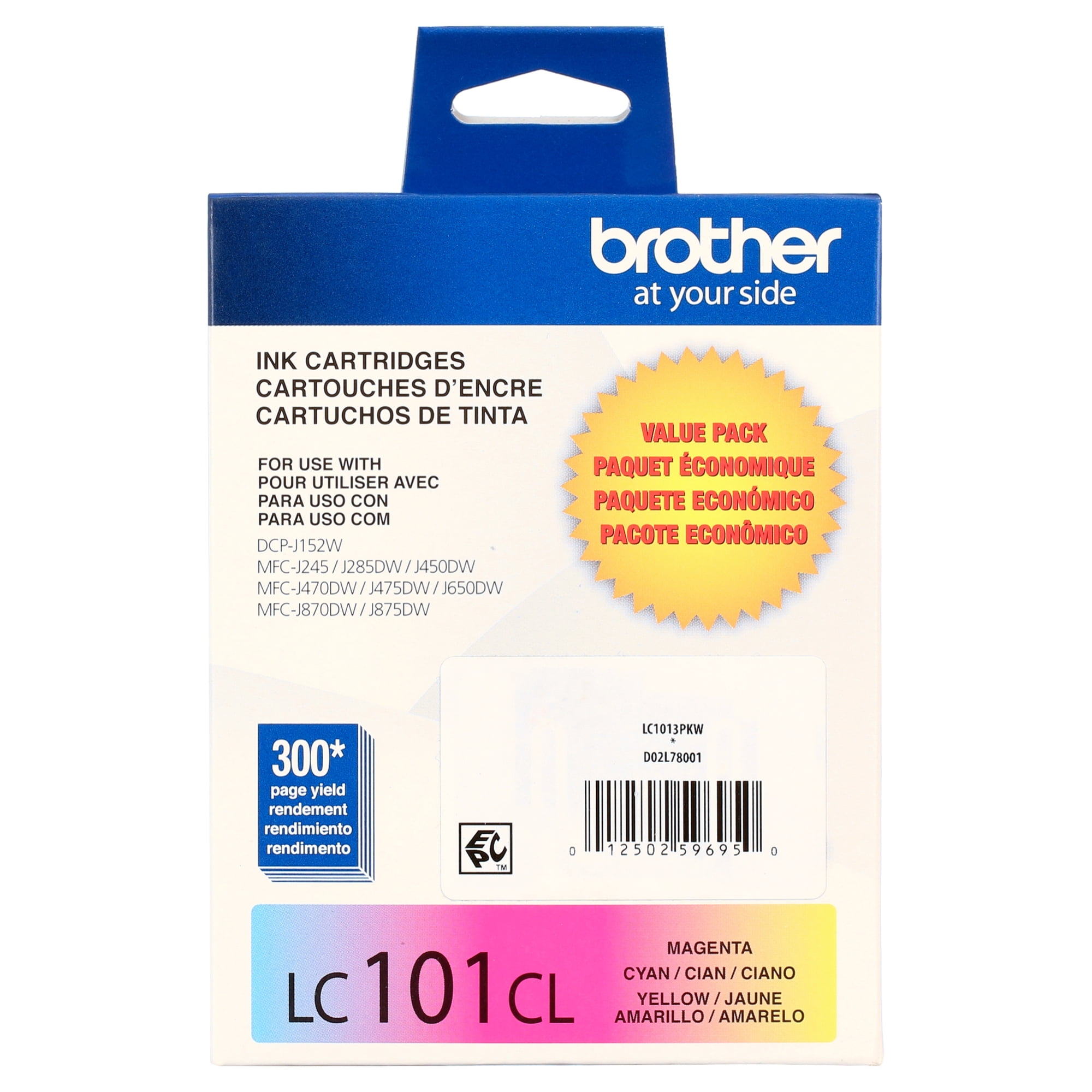 Brother Genuine Standard Yield Color Ink Cartridges, LC1013PKS, Replacement Color Ink Three Pack, Includes 1 Cartridge Each of Cyan, Magenta & Yellow, Page Yield Up To 300 Pages/Cartridge, LC101