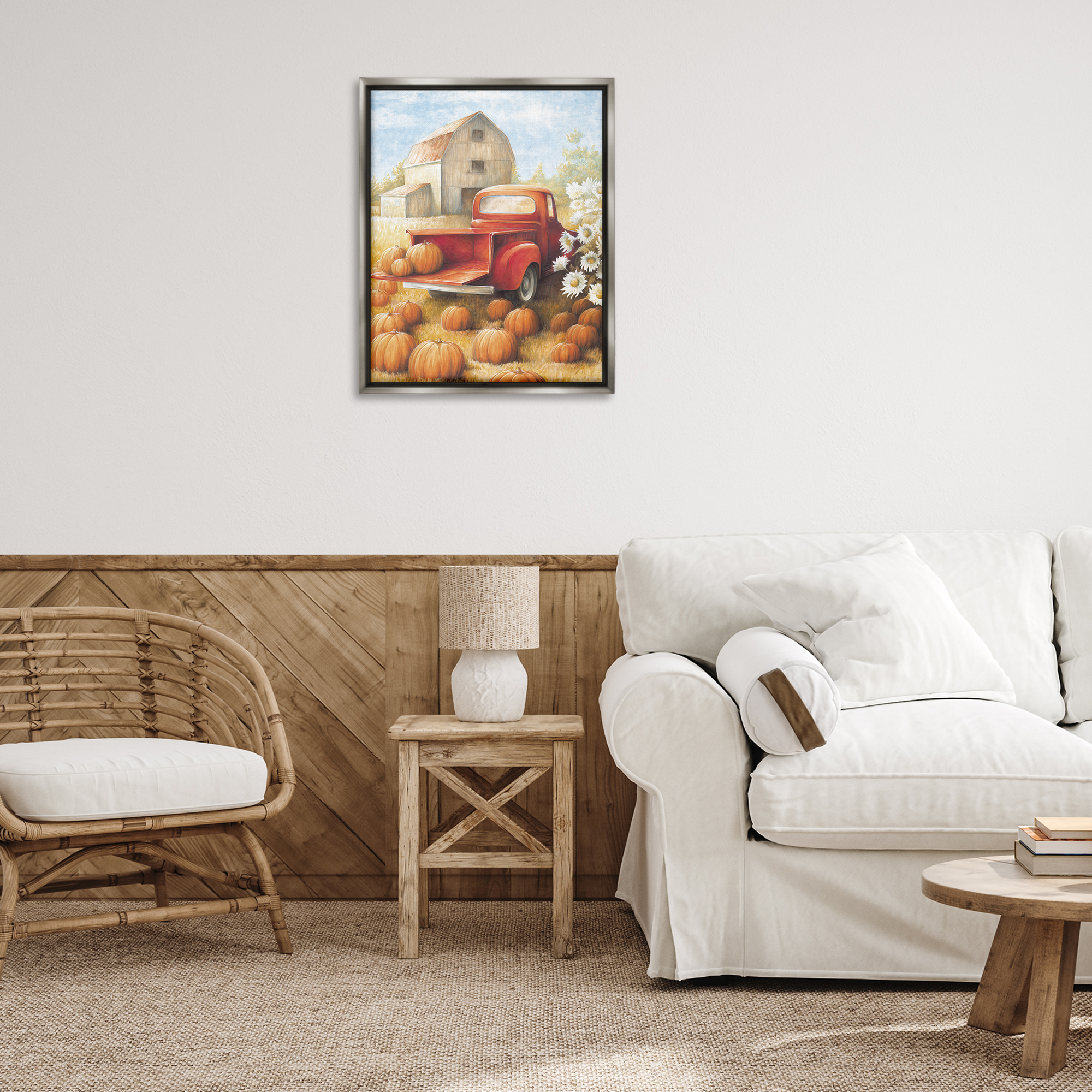 Stupell Industries Pumpkin Harvest Drop Off Landscape Painting Gray Floater Framed Canvas Art Print Wall Art, 25 x 31