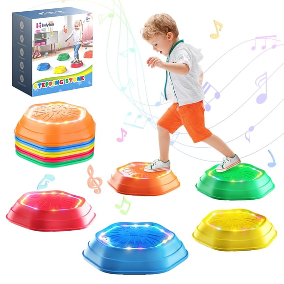 Holyton Music Light Up Stepping Stones for Kids, 5-Pack Sensory Balance Stones, Non-Slip Toddler Stepping Toys for Ages 3-8, Ideal for Sensory Traini