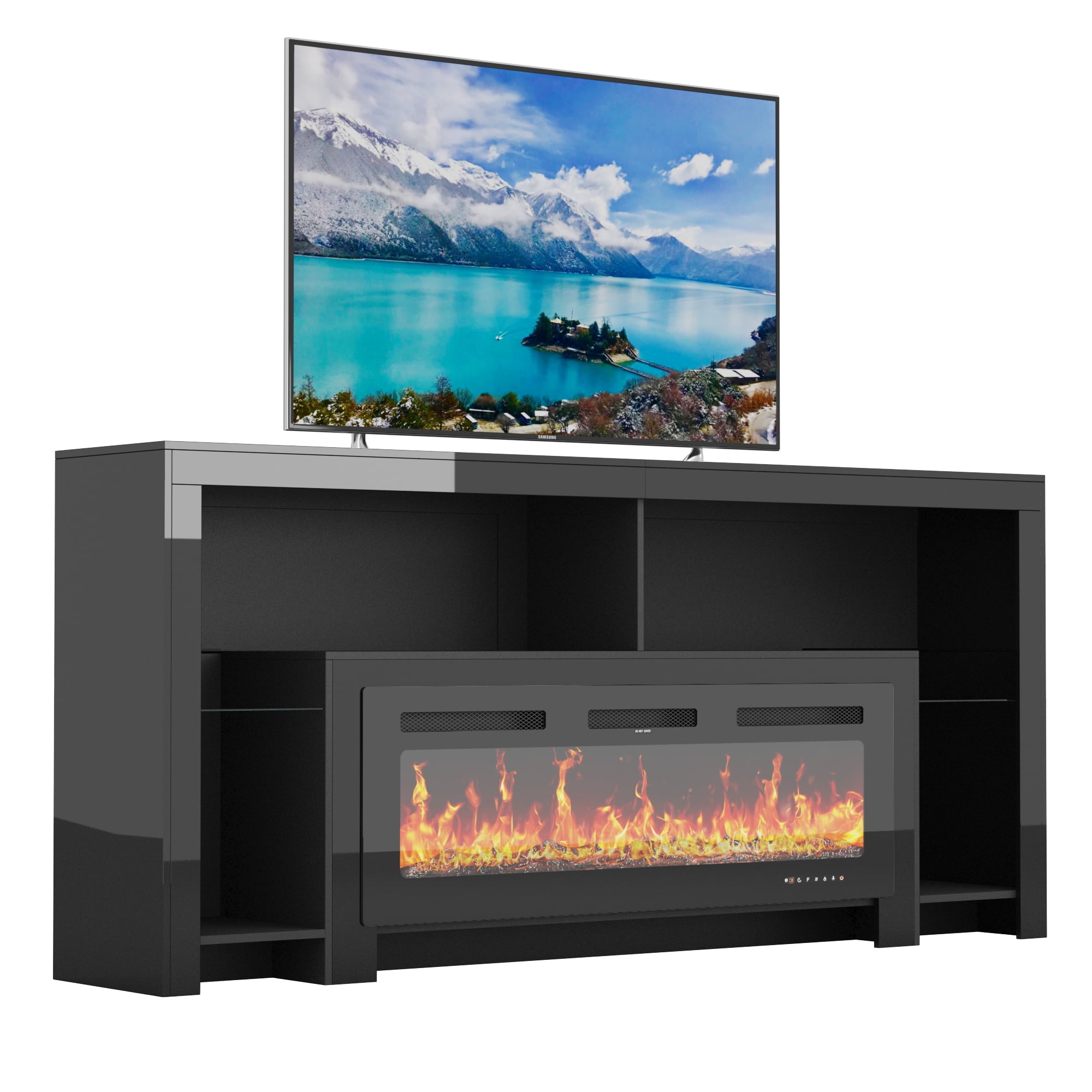 Blotout Fireplace TV Stand for 85/90''TV with 50'' Fireplace, 82'' Modern LED Entertainment Center with Overheat Protection, Adjustable Shelves, 2 Tier Fireplace Console for Living Room, Bedroom