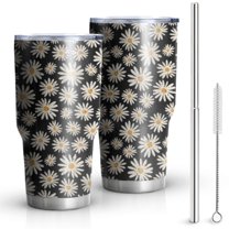 30oz Black Daisy Flower Pattern Tumblers Stainless Steel Tumbler with Lid and Straw,Vacuum Insulated Double Wall Travel Tumbler Cups Mug with Cleaning Brush for Coffee,Tea
