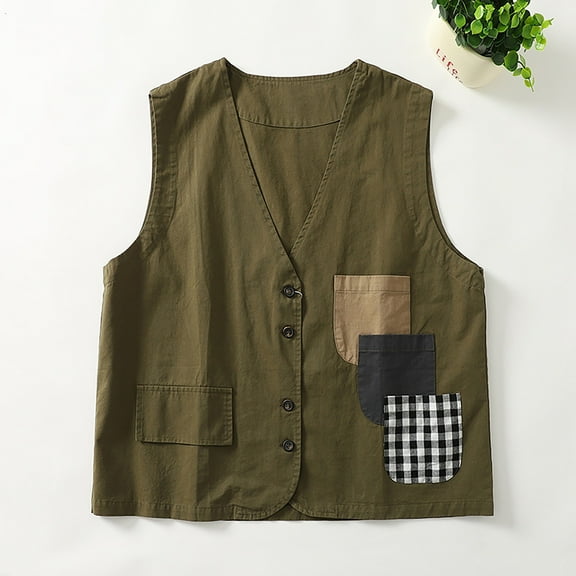 Uaswgudfs ​Women's Retro Utility Sleeveless Vest - V-Neck Button-Up Multi-Pocket Patchwork Design Casual Layering Cotton Linen Vest