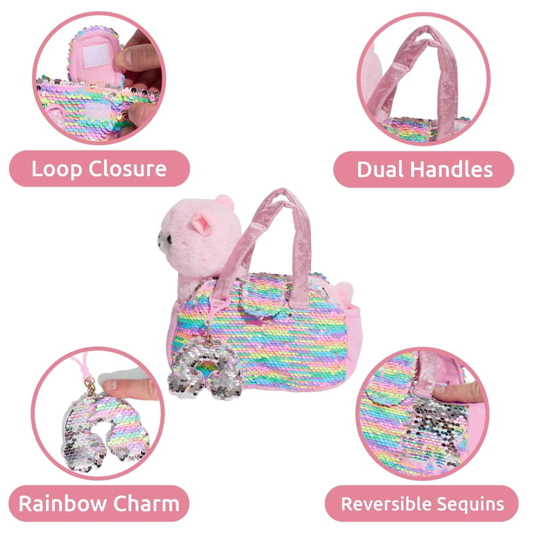 Little Jupiter Pet Plush Set with Bag - Pink Llama with Rainbow