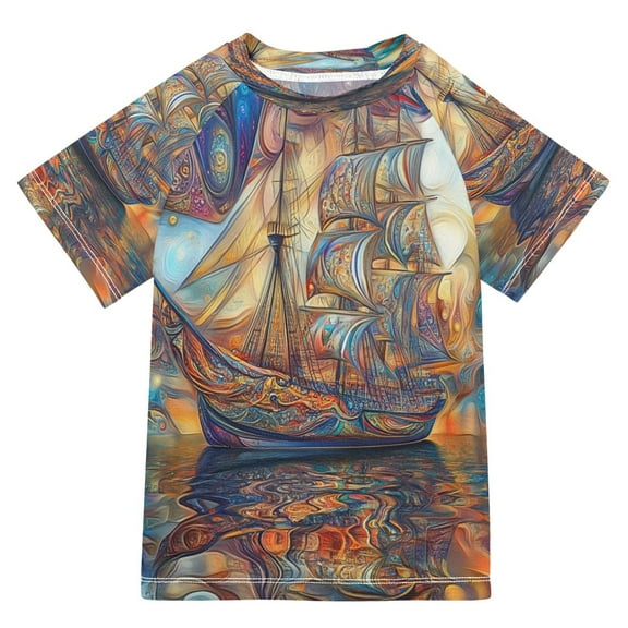 BZSMCE Summer T-shirt Sunscreen Sailing Ship Pattern Swim Tops