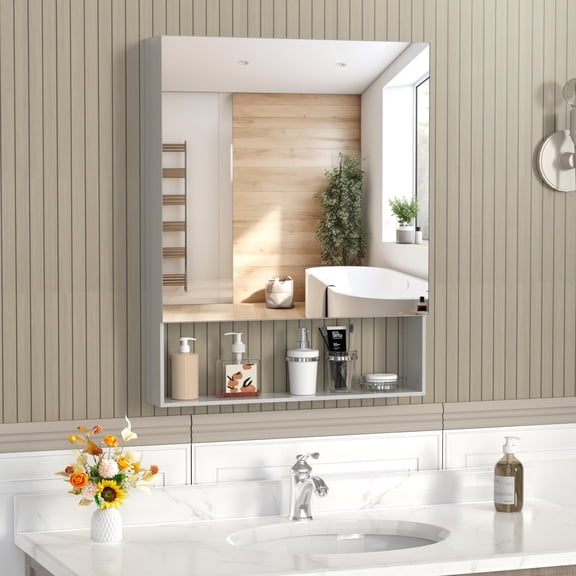 Bathroom Mirror 24'' x 30'' Medicine Cabinet with Mirror for Bathroom, Wall Mounted Bathroom Mirror with Storage, Adjustable Shelves, Aluminum Framework, Surface Mount Silver,Wall Mirror