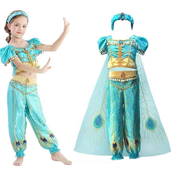 Jasmine Costume for Girls Arabian Princess Dress Up Halloween Cosplay Peacock Outfit 4PCS