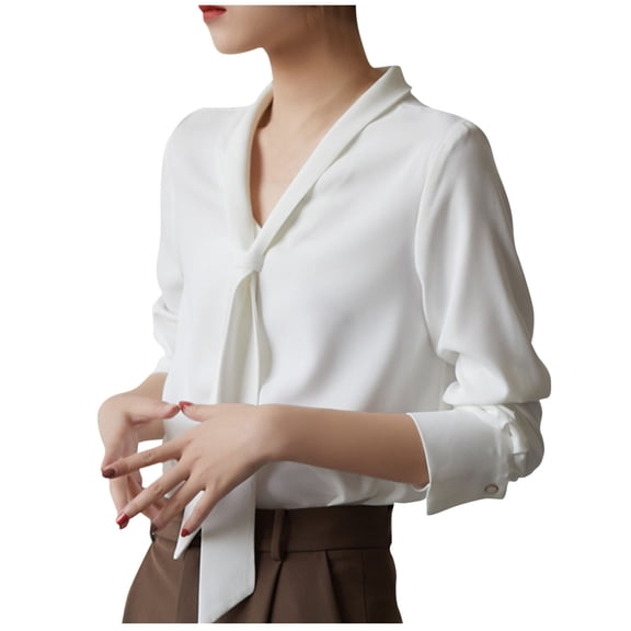 Sexlip Women's Bow Tie Neck Shirts Long Sleeve Dressy Elegant Office Work Blouse Casual Trendy Shirt Tops Fashion Blouses White S