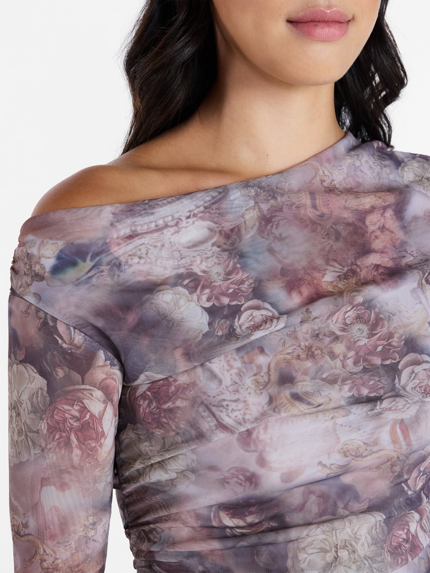 Madden NYC Women’s Asymmetrical Mesh Top with Long Sleeves, Sizes XXS-XXL