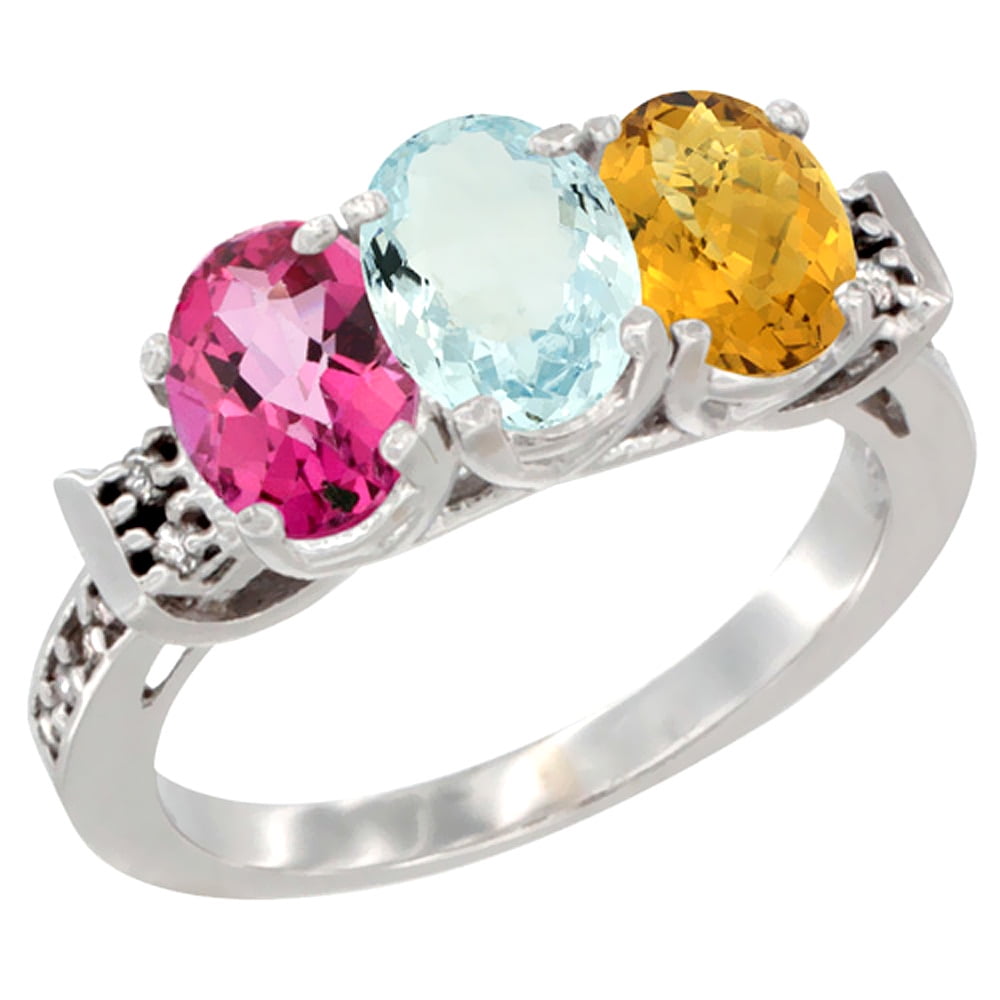 14K White Gold Natural Pink Topaz, Aquamarine & Whisky Quartz Ring 3-Stone 7x5 mm Oval Diamond Accent, sizes 5 10 by WorldJewels
