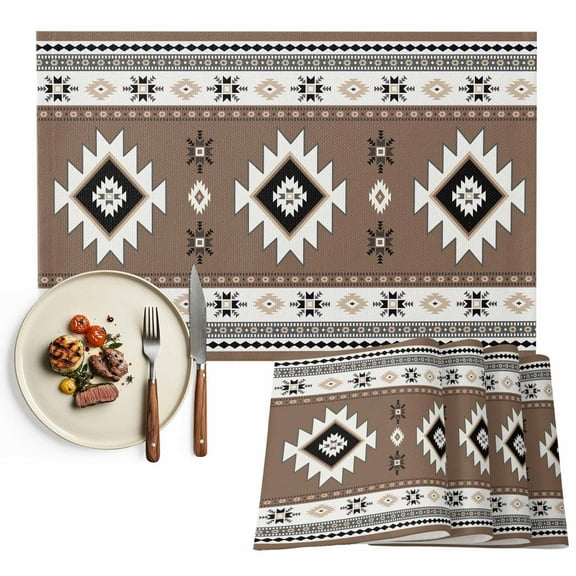Boho Placemats Set of 4, Southwest Aztec Pattern Table Mats Washable Heat-Resistant Non-Slip Place Mats for Kitchen Dinner Table Indoor Outdoor Decor,13x19 Inch Brown